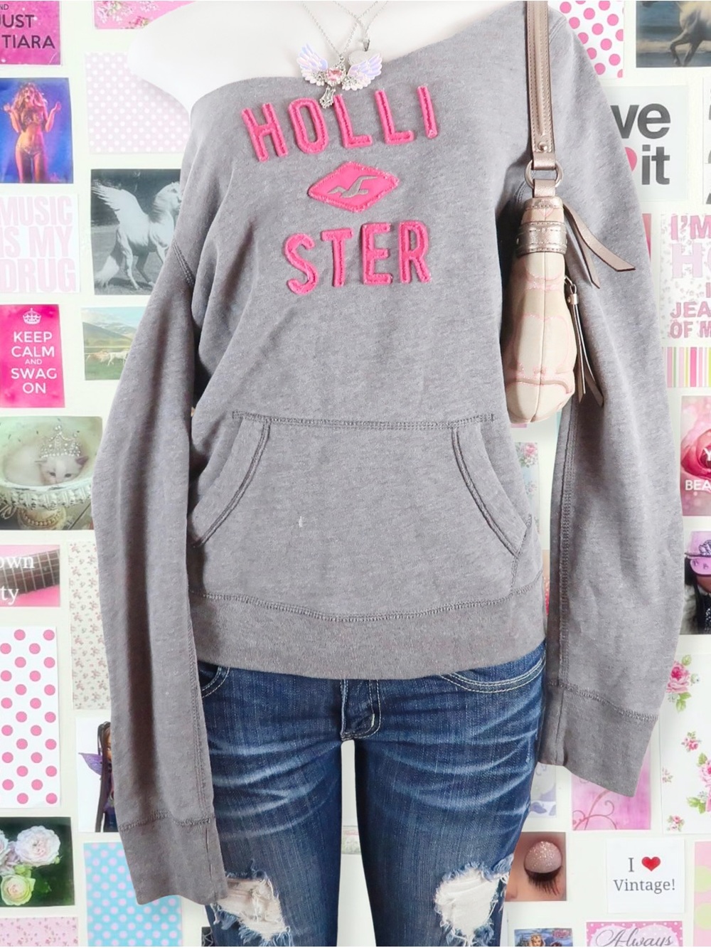 vintage y2k gray hollister hoodie pink logo 2000s sweatshirt